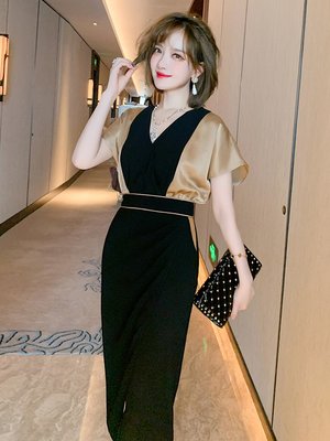 TANG KOREA 韓國女裝撞色拼接袖子性感V領高腰修身開叉氣質連身裙