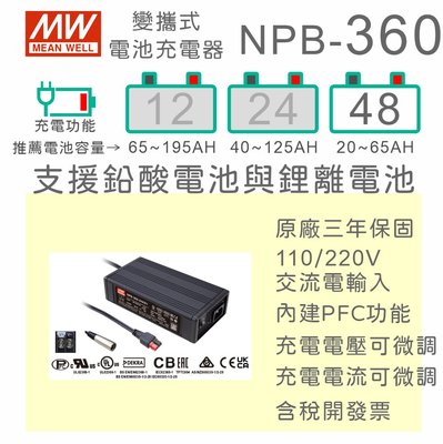 【保固附發票】MW明緯 360W 鉛酸 鋰離電池 NPB-360-48 48V 寬電壓工業級充電器 20~65AH