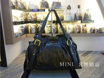 ::MINI名牌精品店:: MIU MIU RR1312 釦環帶造型 蝴蝶結 小牛皮 手提包.肩背包 黑色 8.5成新