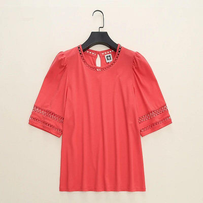 25mart【一元起標】美國 ANNE KLEIN 女 鏤空 公主袖 圓領 短袖 T恤 上衣 西瓜紅色 M