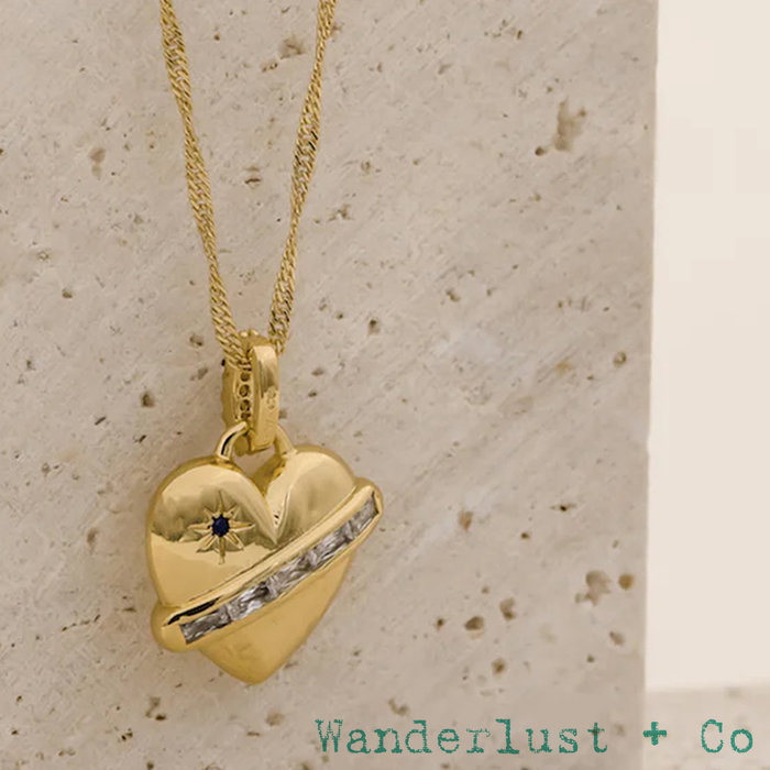 Wanderlust+Co 澳洲品牌 鑲鑽立體愛心項鍊 金色X藍寶石 With My Heart