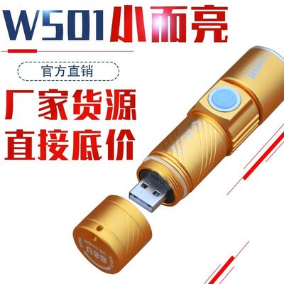 現貨 手電筒 W501 XPE Q5 LED 迷你強光手電筒 USB充電 變焦 家用照明一件代發-誠信店鋪
