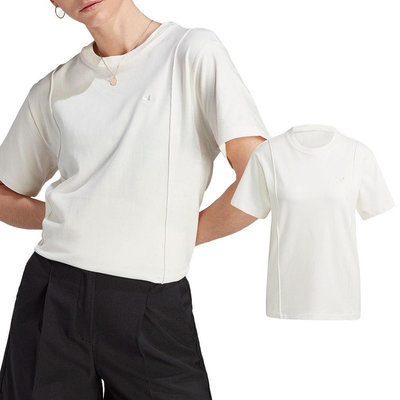 Adidas ESS T-Shirt 女 米白色 休閒 刺繡 縫線 上衣 短袖 IK5769