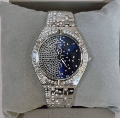 GUESS Afterglow 層疊鑲水晶 藍色錶盤 銀色不鏽鋼錶帶 石英 女士手錶 GW0312L1