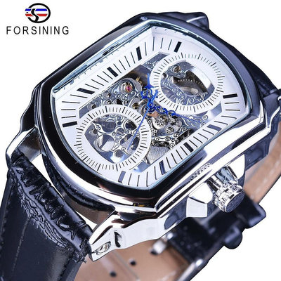 現貨男士手錶腕錶Forsining鏤空方形全自動機械錶男錶男士皮帶腕錶藍針手錶歐美風