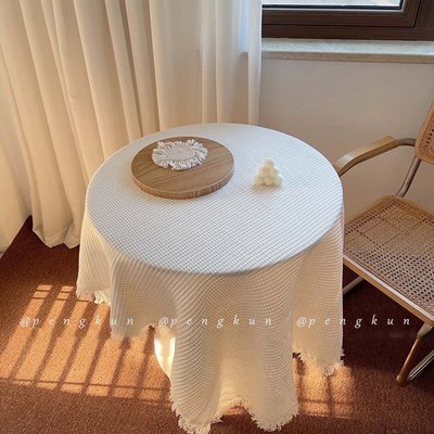 【TOVIR】日式棉麻桌布素色布藝茶几桌墊 ins田園餐桌布背景布裝飾咖啡廳軟裝華夫格桌布流蘇邊法式白色