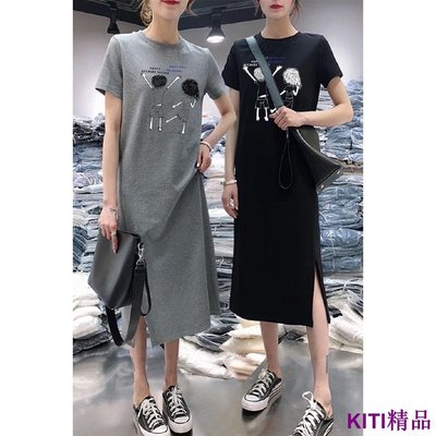 KITI精品M-4XL超❤️❤️新韓版時尚短袖洋裝 卡通圖案洋裝 圓領設計女生T恤洋裝 寬鬆顯瘦 女生衣著 大尺碼