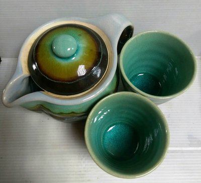 龍廬-自藏出清~ 茶道 陶瓷茶具 綠釉冰裂紋1壺2杯 大口杯 陶瓷茶杯 下午茶組 收藏品/ 只有一組