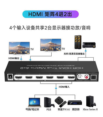 切換器AIS艾森HDMI2.1版8K四進二出4進2切換器4K@120Hz音頻分離光纖PS5