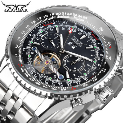現貨男士手錶腕錶Jaragar男式自動機械手錶時尚發光手日期顯示不銹鋼運動手錶