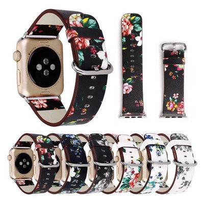 蘋果真皮牡丹花表帶 Apple watch5/4/3印花替換錶帶iwatcqw【飛女洋裝】