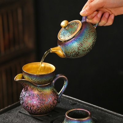 95折免運上新高端功夫茶具套裝七彩建盞鎏金輕奢茶壺茶杯整套金盞陶瓷創意禮品