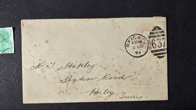 大英帝國1895年代「127年前古郵資封   薇多莉亞女王 1便士  」REIGATE   實寄 HOLEY  有到達戳
