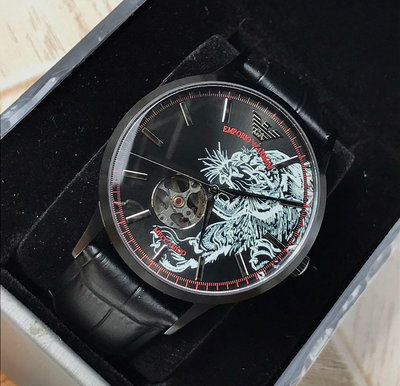EMPORIO ARMANI Meccanico 小鏤空 黑色面錶盤 黑色皮革錶帶 男士 自動機械錶 AR60046