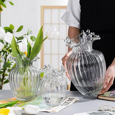 玻璃花瓶 現代簡約浪花口藍色玻璃花瓶插花水養鮮花裝飾客廳奶油高156 NM053