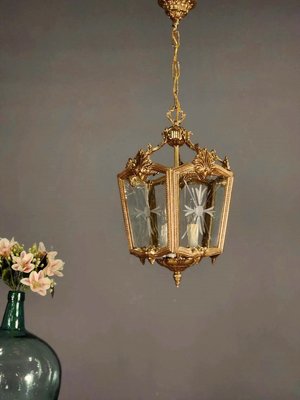 法國 厚實純銅 手工雕刻玻璃 (三燈) 古典 吊燈 角落燈 轉角燈 l0499【卡卡頌  歐洲古董】✬