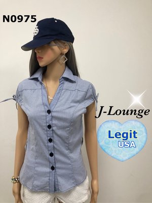 N0975 全新歐美Legit彈力合身公主段包袖V領藍白細條紋襯衫striped shirt J-Lounge
