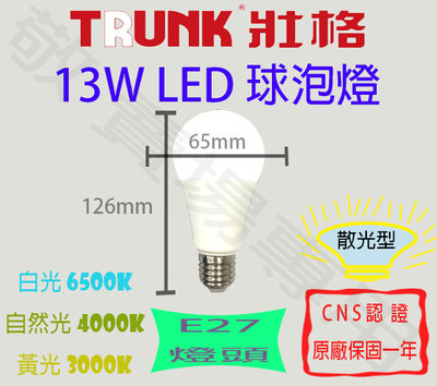 【敬】買30送禮卷 壯格 13W E27 燈泡 LED 白 自然 黃 全電壓 CNS認證 省電 球泡 臥室 房間 走道