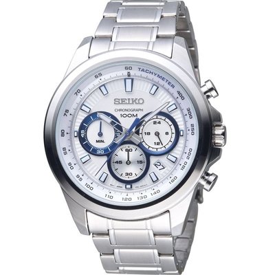 SEIKO WATCH 精工CS系列競速銀白面寶藍三眼計時鋼帶石英腕錶 型號：SSB239P1【神梭鐘錶】