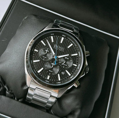 HUGO BOSS Distinct 黑色面錶盤 銀色不鏽鋼錶帶 石英 三眼計時 男士手錶 1513857