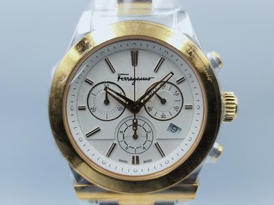 【發條盒子H1107】salvatore ferragamo 義大利品牌 白面石英 計時三眼 霸氣半金男錶