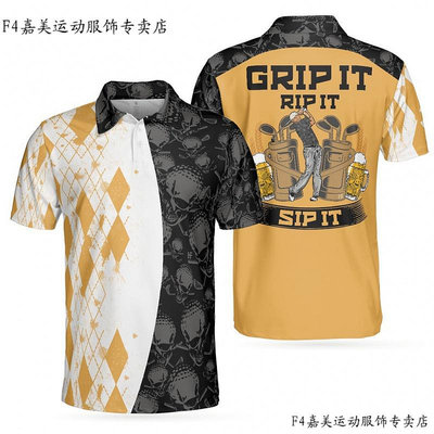 海韻精選Grip it Rip it sip it golf V2 polo 衫,骷髏高爾夫襯衫設計黃色鑽石圖案 Golfpol