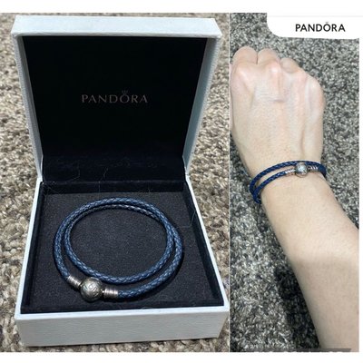 正品Pandora 潘朵拉 925純銀圓珠開扣式 雙圈皮革皮繩手鍊手環（黑藍色 ）