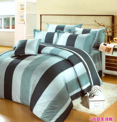 100%純棉_ 雙人鋪棉床罩兩用被全套六件組。台灣製。5x6.2尺。7136藍