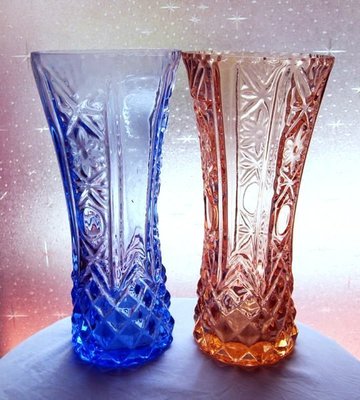 老玻璃杯老玻璃花瓶花器玻璃工藝品玻璃藝術品紅藍一對【心生活美學】