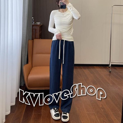 KVLOVE SHOP-T〥外貿單 簡約百搭款黑色/藍色舒適小寬鬆萊賽爾天絲牛仔直筒褲 2色〥特價