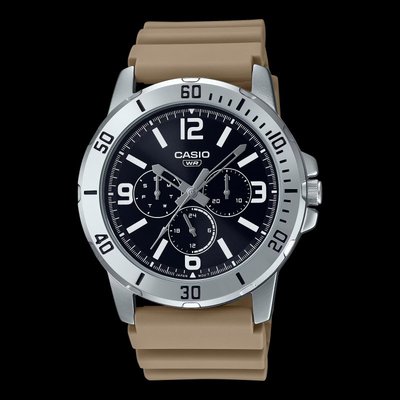 【金台鐘錶】CASIO 卡西歐 MTP-VD300-5B (黑面x淺咖啡膠錶帶)日期顯示 生活防水 (時尚三眼)