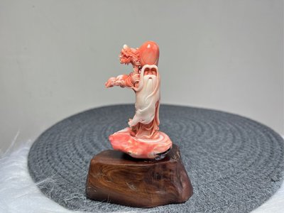 早期收藏老料momo桃紅紅珊瑚雕刻南極仙翁壽星公擺件