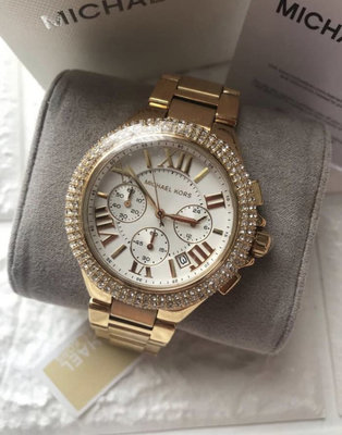 MICHAEL KORS 金色不鏽鋼錶帶 晶鑽錶圈 羅馬數字 石英 三眼計時 女士手錶 MK5756