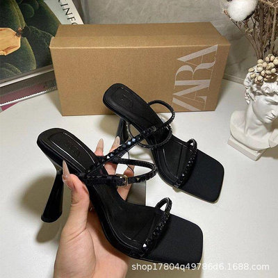 【現貨精選】ZA DTM黑色水鉆飾亮光高跟鞋女細跟2022年夏季新款方頭一字帶涼鞋