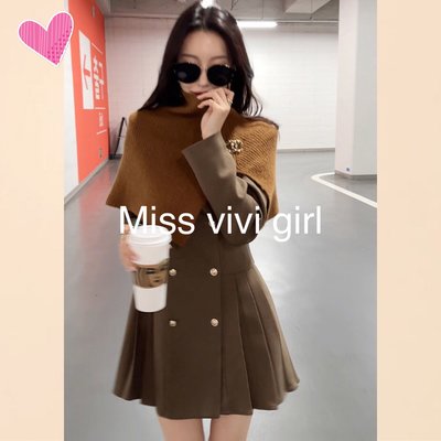 Miss vivi girl-韓國流行咖啡色外套百摺洋裝/S.M.L/發訊訂購