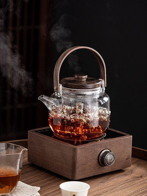 茶藝師 日式玻璃養生煮茶壺套裝蒸汽式煮老白茶雙用胡桃木小型電陶爐家用