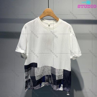 「一格男裝服飾」韓版時尚拼接印花百搭個性套頭上衣夏季男士短袖T恤-XT