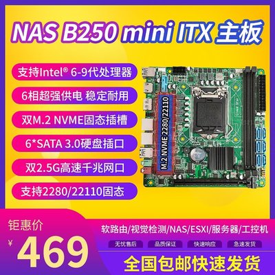 【熱賣精選】全新B250黑群暉低功耗軟路由nas存儲服務器itx主板支持6-9代雙m.2