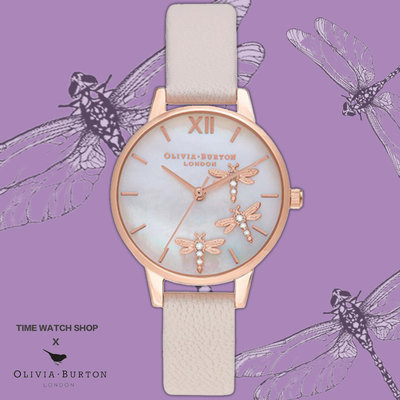 【時光鐘錶公司】Olivia Burton OB16GB01 玫金殼蜻蜓碎鑽面皮帶腕錶 手錶生日禮物情人節禮物 錶