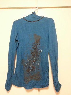 百貨公司品牌HIDESAN海蒂山 秋冬季薄高領羊毛成份長袖 寶藍色 長版上衣 M號-顯瘦款