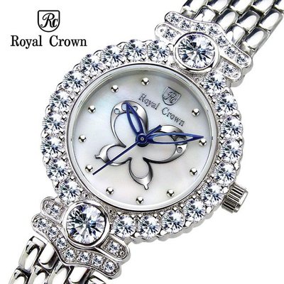 日本機芯3844S 貝殼表面蝴蝶圖案指針鏤空鑲鑽手錶 全鋼錶帶 歐洲義大利品牌精品女錶 蘿亞克朗 Royal Crown