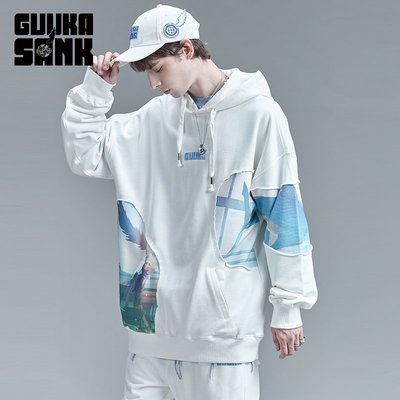 GUUKA&amp;SANK聯名白色加絨衛衣男連帽新款嘻哈數碼印花運動帽衫寬松