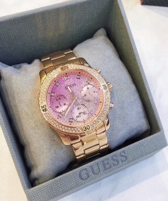 GUESS 晶鑽圈 玫瑰金色不鏽鋼錶帶 石英   女士手錶 W0774L3