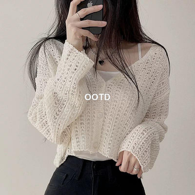 鮮奶優格純色針織鏤空罩衫-OOTD
