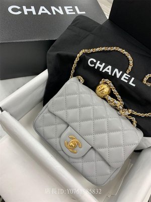 極美二手真品Chanel香奈兒 金球Mini方胖子 鏈條包 斜背包 小羊皮 灰色 可調節