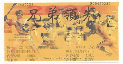 絕版西元2000年中華職棒11年統一獅vs兄弟象門票票根~~兄弟領先~~新莊棒球場(無簽名)