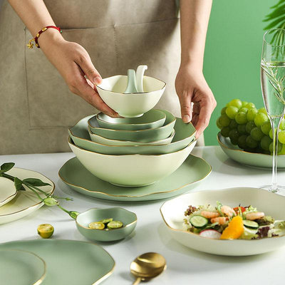 舍里北歐輕奢金邊陶瓷餐具家用創意吃飯碗盤子菜盤甜品盤大號湯碗