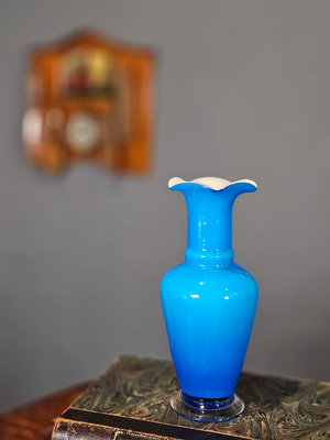 義大利 亮麗 湛藍 花朵瓶口 手工玻璃  花瓶  歐洲老件 g0733【卡卡頌  歐洲古董】✬