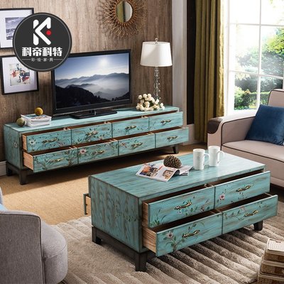 特賣-美式電視柜茶幾組合實木彩繪小戶型新中式復古套裝客廳家具地柜科