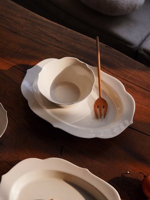 “正品”莫語 ins日式風白色花邊花朵盤子 陶瓷家用廚房餐具西餐餐盤餐具